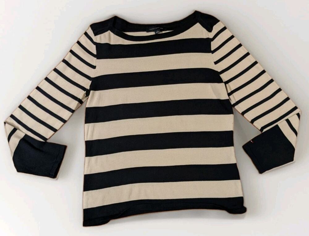 Tommy Hilfiger Womens M Striped Sweater Black Cream Boat Neck Preppy Knit